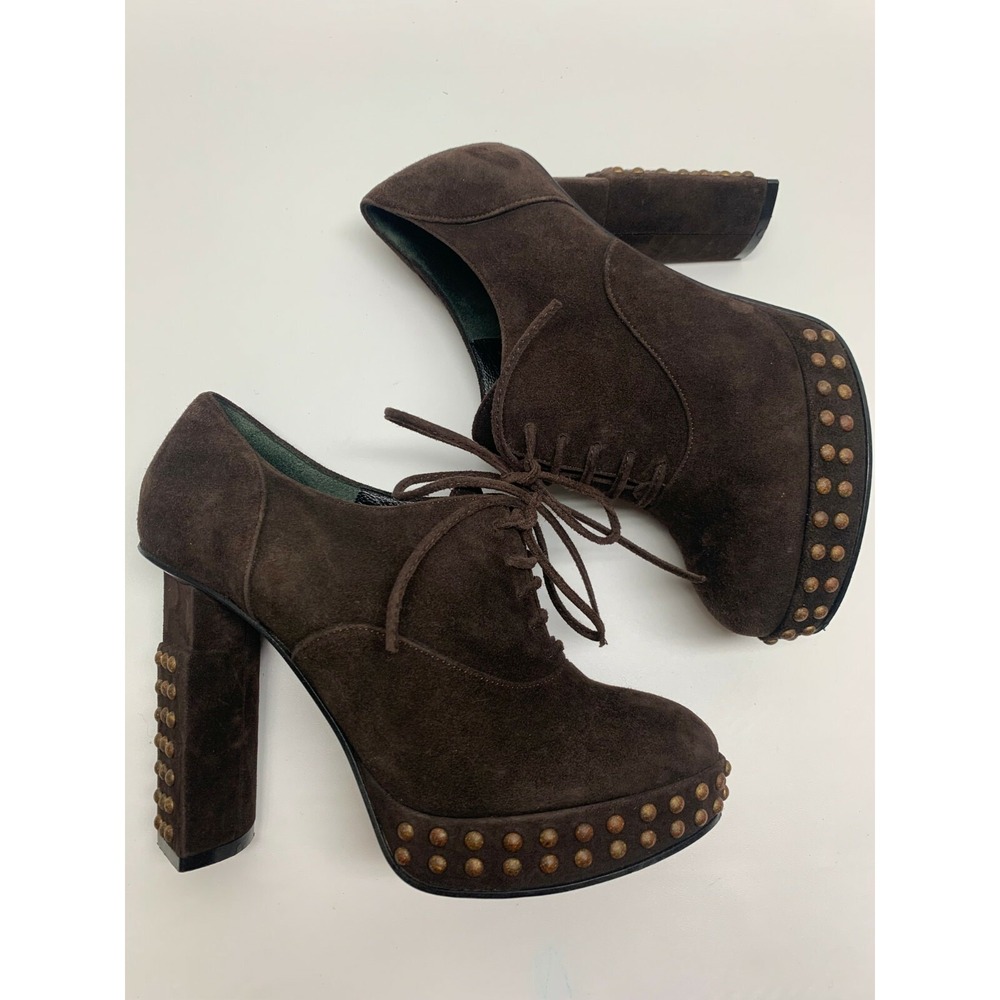 FENDI‎ Chocolate Brown Suede Studded Heeled Lace Booties 35.5 US 5.5